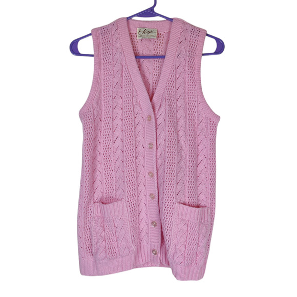 Vtg 70s Raje Pink Pointelle Knit Sleeveless Sweater Vest Petal Pink Small Preppy - Picture 1 of 8